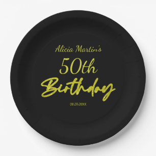 Moderne und minimale gelbe Typografie Black Birthd Pappteller