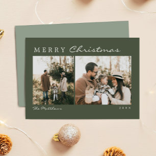 Moderne und minimale grüne Familienfoto-Weihnachte Feiertagskarte