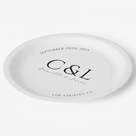 Moderne und minimale Hochzeitsklassik-Teller Pappteller (Schrägansicht)