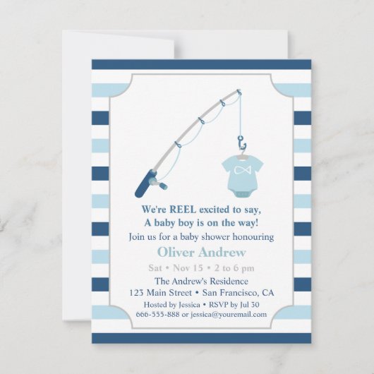 Moderne und Niedliche Fishing Themed Baby Dusche Einladung (Vorderseite)