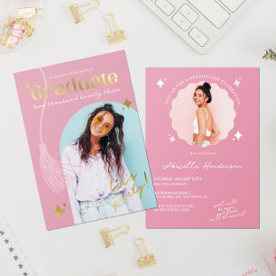 Moderne und Retro-Rosa-Sparkle-Abschlussfeier Folieneinladung