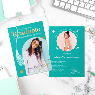 Moderne und Retro-Teal-Sparkling-Abschlussfolie-Ei Folieneinladung