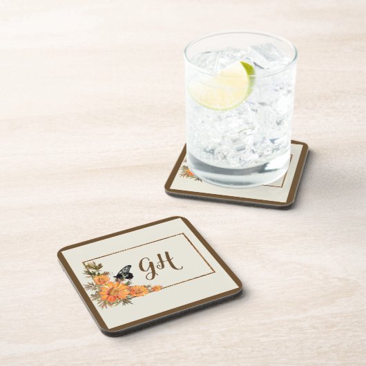 Moderne und stilvolle Butterfly-Blume Mit Monogram Getränkeuntersetzer (Rechte Seite)