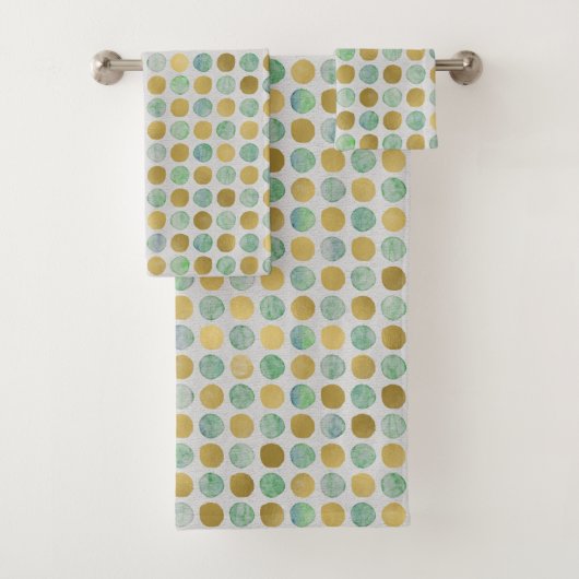 Moderne und stilvolle Gold Aquamarin Brown Dots Badhandtuch Set (Insitu)