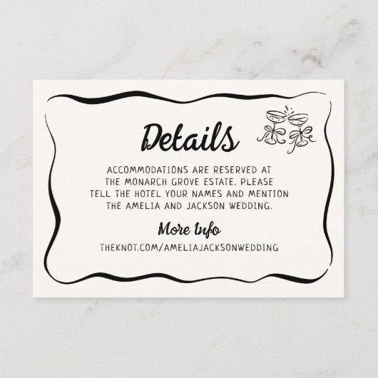 Moderne und Whimsikhandgezeichnete Hochzeitsdetail Begleitkarte (Vorderseite)