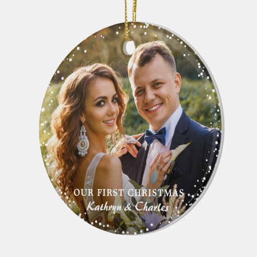 Moderne unsere ersten Weihnachten als Mr. & Mrs. F Keramik Ornament (Links)