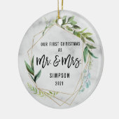 Moderne unsere ersten Weihnachten als Mr. & Mrs. F Keramik Ornament (Links)