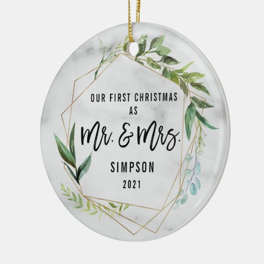 Moderne unsere ersten Weihnachten als Mr. & Mrs. F Keramik Ornament (Links)