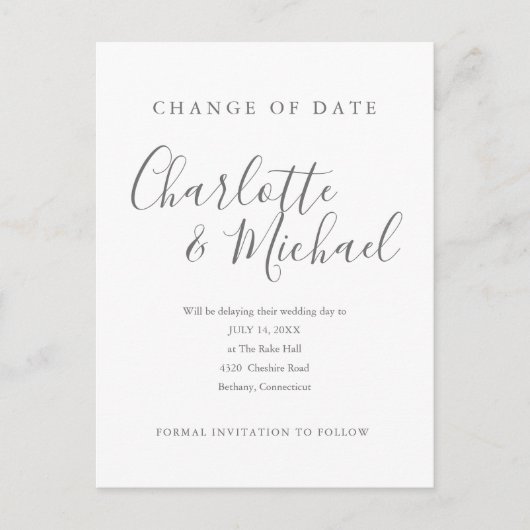 Moderne Unterschrift Ändern Sie das Datum verschob Ankündigungspostkarte (Vorderseite)