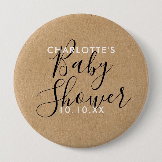 Moderne Unterschrift Script Baby Shower Rustikales Button (Vorderseite)