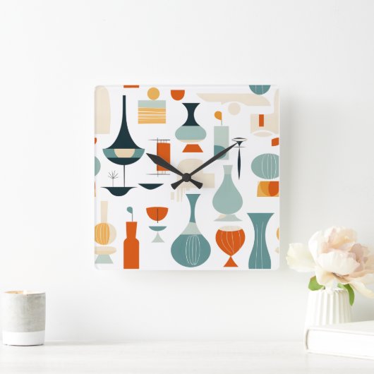 Moderne Vase Mitte des Jahrhunderts Form auf Weiß Quadratische Wanduhr (Zuhause)