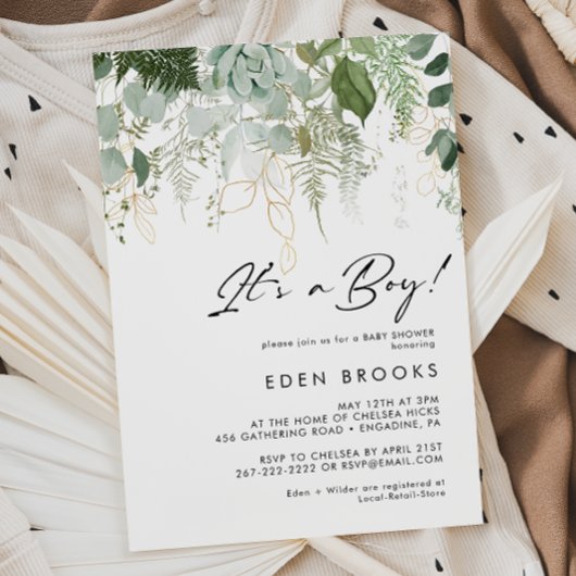 Moderne Vegetation und Gold - eine Baby-Dusche Einladung