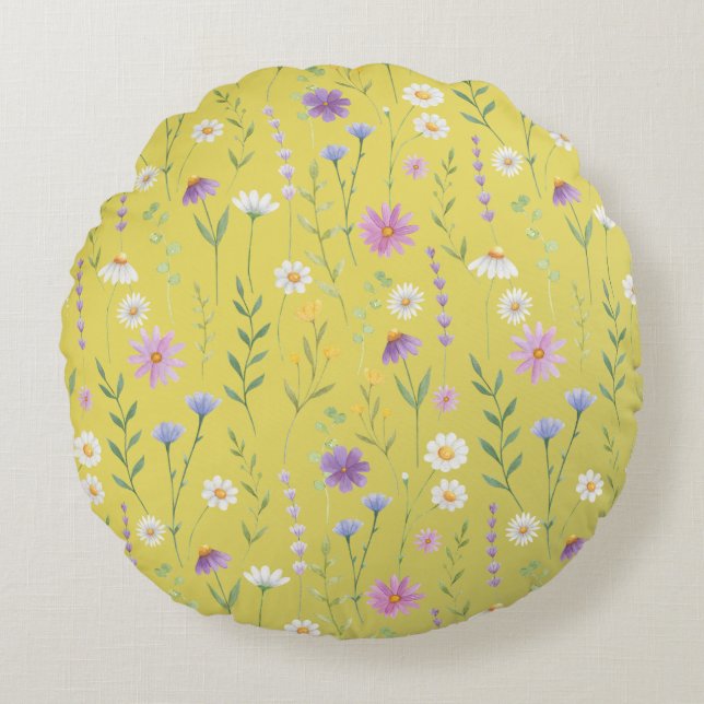 Moderne Vegetation Wasserfarben Rustikale Botanisc Rundes Kissen (Vorderseite)