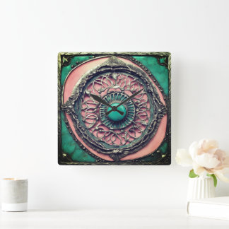 Moderne Verdigris und rosa Turmalin Metal Art Quadratische Wanduhr