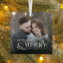 Moderne Verheiratete und fröhliche Newlyweds Foto  Ornament Aus Glas