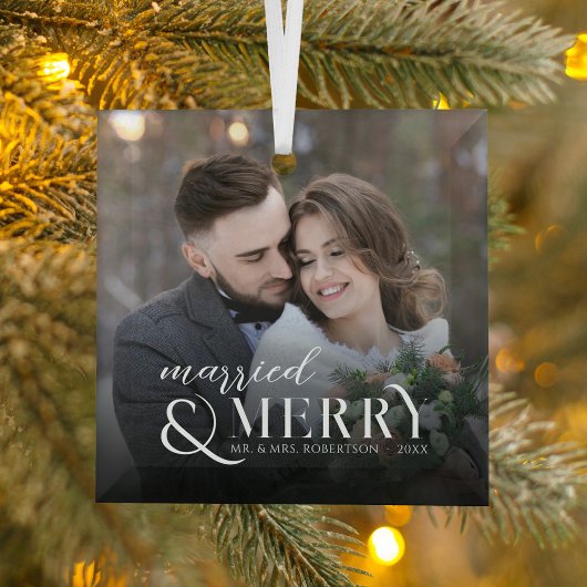 Moderne Verheiratete und fröhliche Newlyweds Foto  Ornament Aus Glas