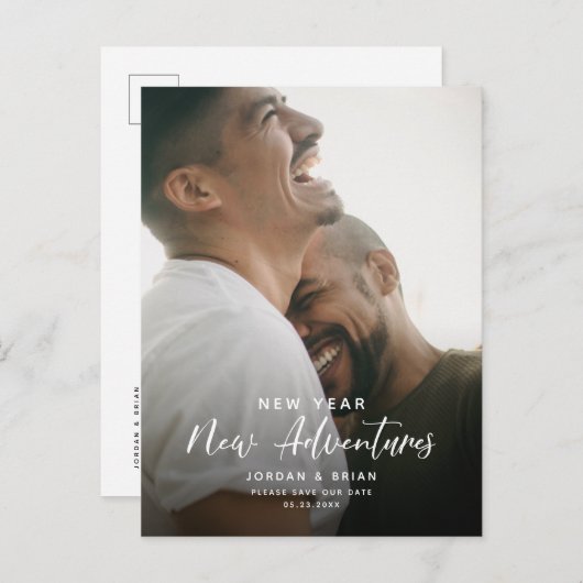 Moderne Verlobung des Neujahrs | Adventures Script Ankündigungspostkarte (Vorne/Hinten)