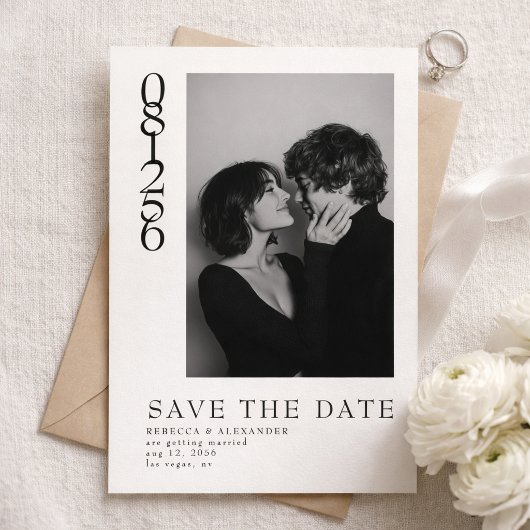 Moderne vertikale Datums-Editorial-Hochzeitsfoto Save The Date