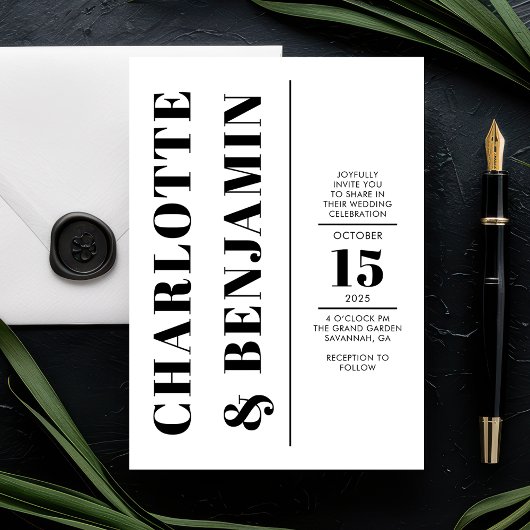 Moderne vertikale, fette Schwarz-Weiß-Hochzeit Einladung