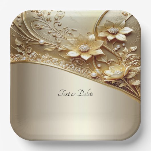 Moderne verzierte goldene Blumen mit Perlen-Papier Pappteller (Vorderseite)
