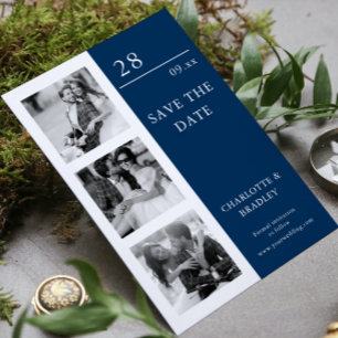Moderne Vier-Foto-Hochzeit in Blau und Weiß Save The Date