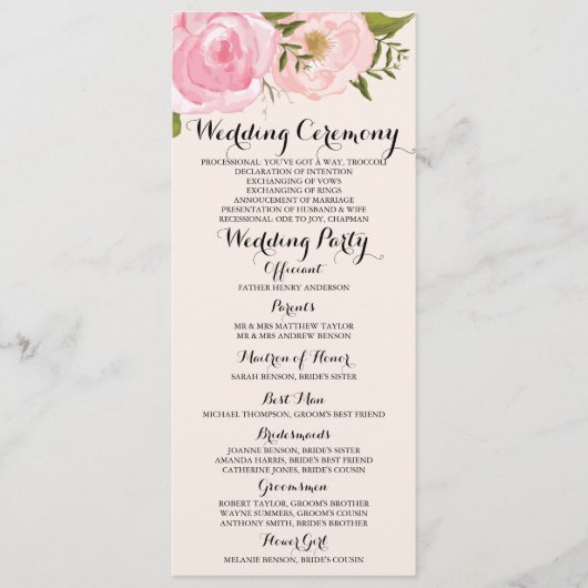 Moderne Vintag rosa Blumenkarte Programm (Vorderseite)