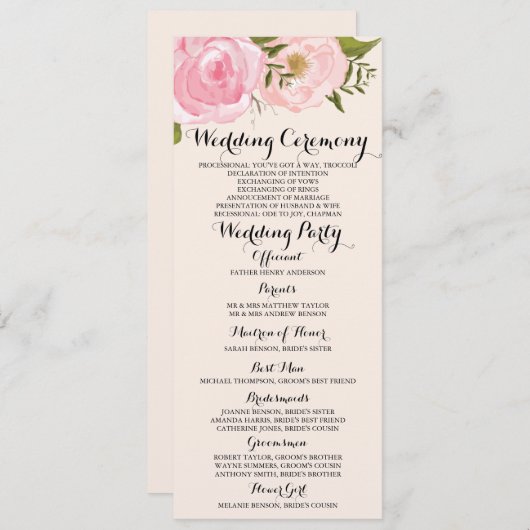 Moderne Vintag rosa Blumenkarte Programm (Vorne/Hinten)