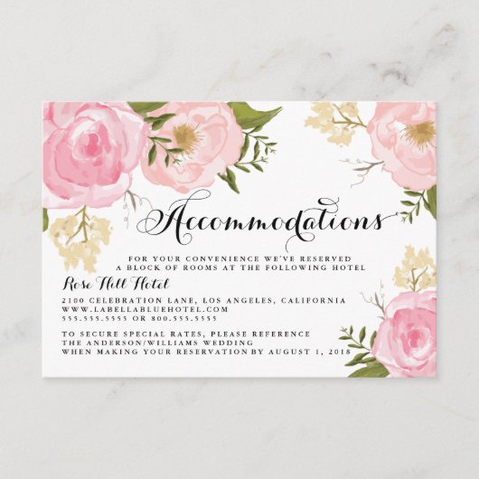 Moderne, Vintag-rosa-florale Hochzeitsunterkunft Begleitkarte (Vorderseite)