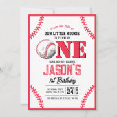 Moderne Vintage Baseball-Rot-Stitches 1. Geburtsta Einladung (Vorderseite)