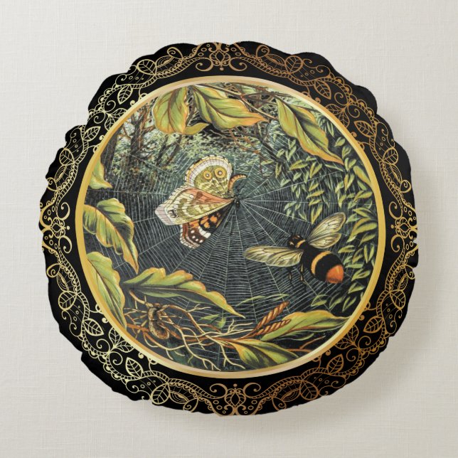 Moderne Vintage Bienen & Schmetterlinge im Spider' Rundes Kissen (Vorderseite)