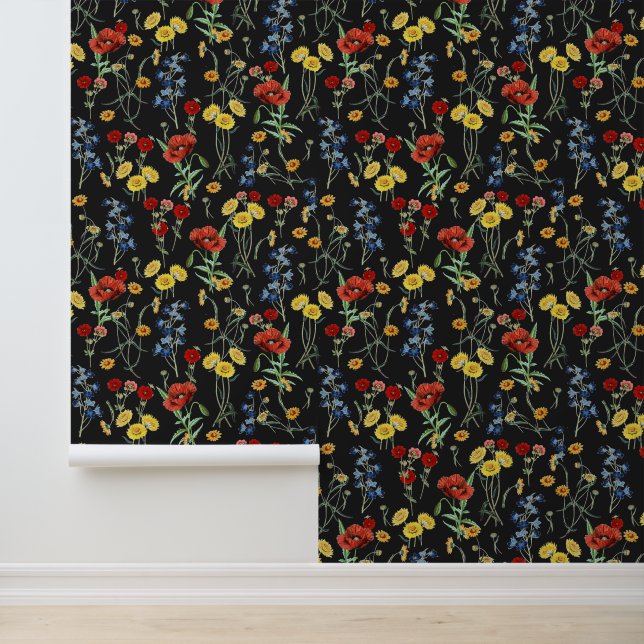 Moderne Vintage Boho Wildblumen Black Tapete (Anwendung)
