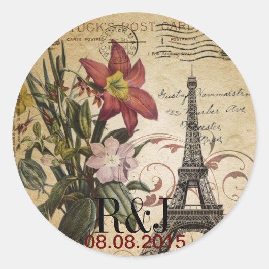 moderne Vintage Drehbücher lila Paris Eiffel Tower Runder Aufkleber (Vorderseite)