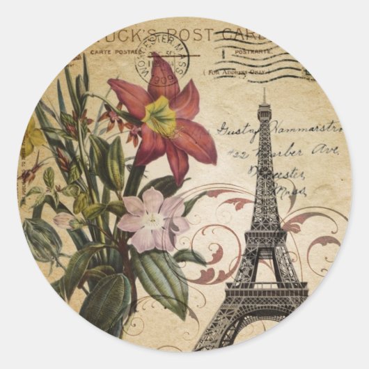 moderne Vintage Drehbücher lila Paris Eiffel Tower Runder Aufkleber (Vorderseite)