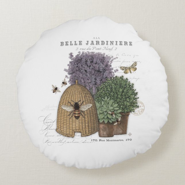 Moderne Vintage französische Bauernblume Rundes Kissen (Rückseite)