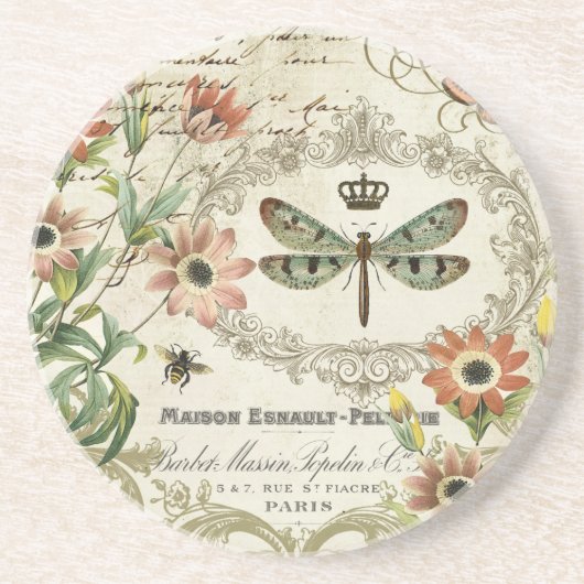 Moderne Vintage französische Libelle Sandstein Untersetzer (Vorne)