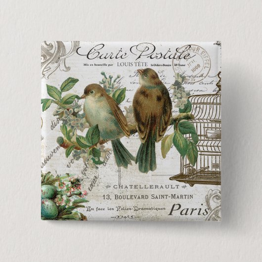 Moderne Vintage französische Vögel und Vogelkäfige Button (Vorderseite)