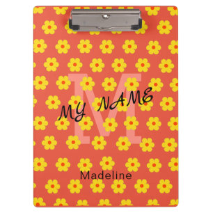 Moderne vintage gelbe orangefarbene Blumen Initial Klemmbrett