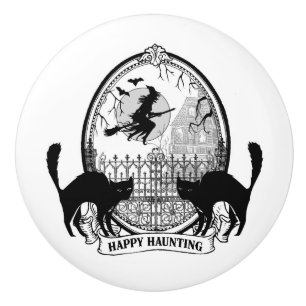 moderne Vintage Halloween-Hexe und Katze Keramikknauf