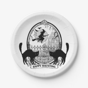 moderne vintage Halloween Hexe und Katzen Pappteller