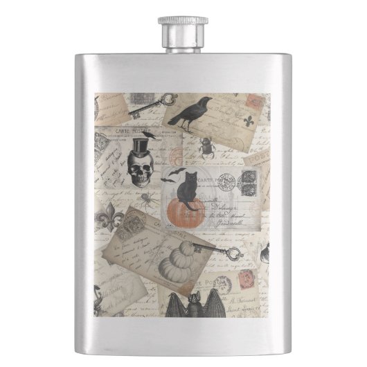 Moderne Vintage Halloween-Postkarten Flachmann (Vorderseite)