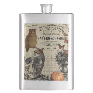 Moderne Vintage Halloween-Uhu und -Schädel Flachmann