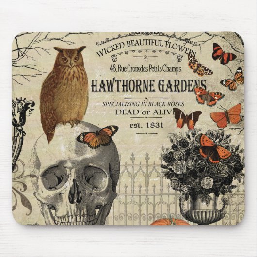 Moderne Vintage Halloween-Uhu und -Schädel Mousepad (Vorne)
