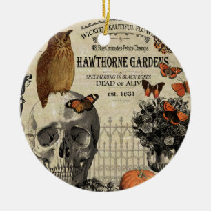 Moderne Vintage Halloweeneule und -schädel Keramik Ornament