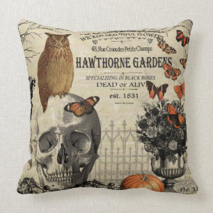 Moderne Vintage Halloweeneule und -schädel Kissen