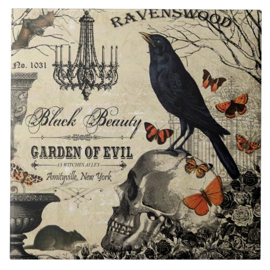 moderne Vintage Halloweenkrähe und -schädel Fliese (Vorderseite)