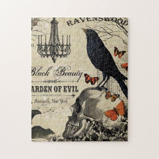 moderne Vintage Halloweenkrähe und -schädel Puzzle (Vertikal)