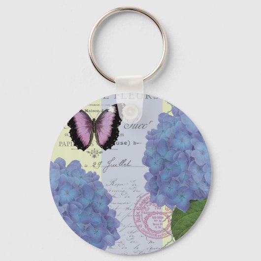 moderne Vintage Hydrangee und Schmetterling Schlüsselanhänger (Vorderseite)