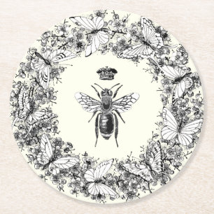 Moderne Vintage Königin Biene Krone Schmetterling Runder Pappuntersetzer