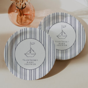 Moderne Vintage-Küsten-Segelboot Blaue Babyparty Pappteller