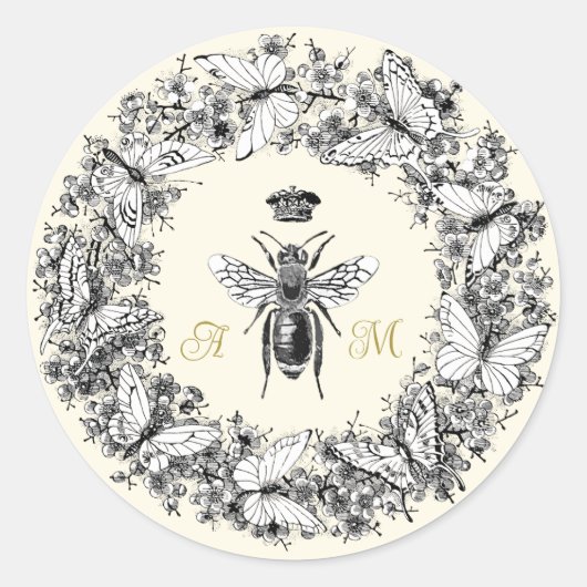 Moderne Vintage Queen Butterfly Wreath Monogram Runder Aufkleber (Vorderseite)